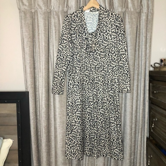 Vintage Blair Cream Leopard Print Cinched Waist Tie Neck Dress Size 12 - Picture 2 of 15